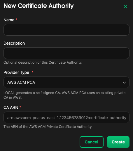 Certificate Authorities list showing name, provider type, and status