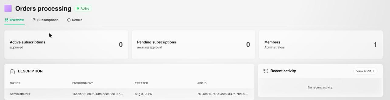 Application detail Overview tab showing subscription counts, members, and recent activity