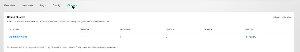 Clusters tab listing the Kafka clusters a Gateway Group fronts