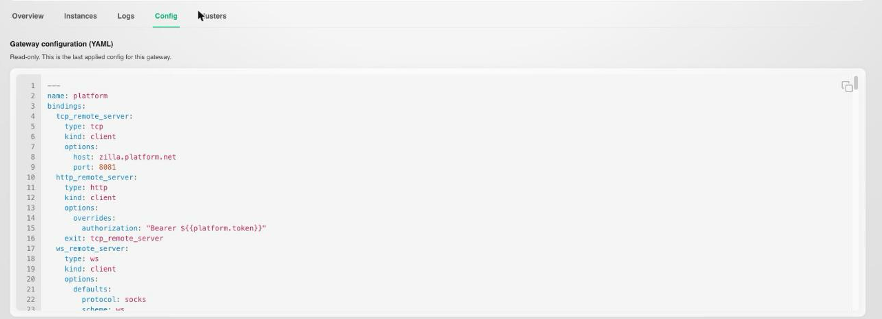 Config tab showing a Gateway Group's resolved YAML configuration