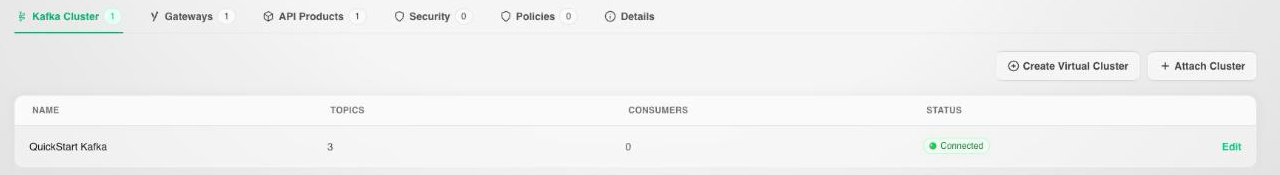 Environment detail page showing the Kafka Cluster tab with attached clusters