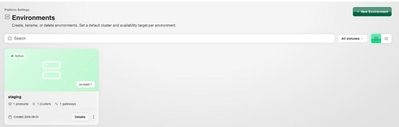 Environments list showing status, region, and resource counts