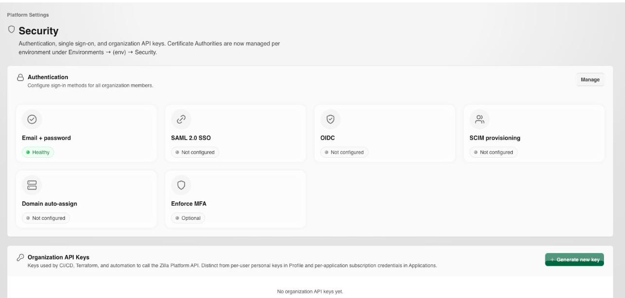 Security page showing authentication methods and organization API keys