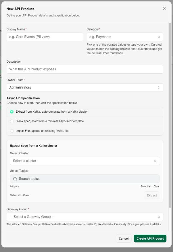 New API Product dialog with display name, category, AsyncAPI specification source, and Gateway Group fields