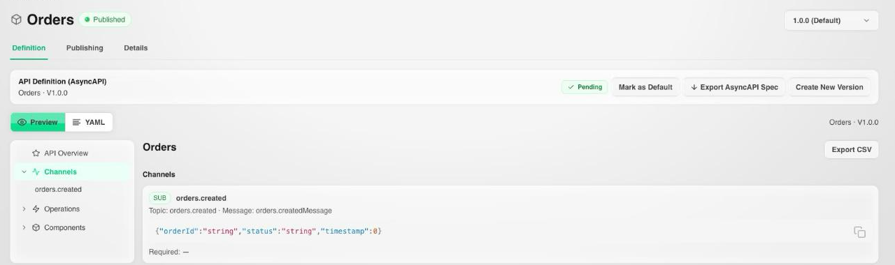Definition tab showing an API Product's AsyncAPI specification