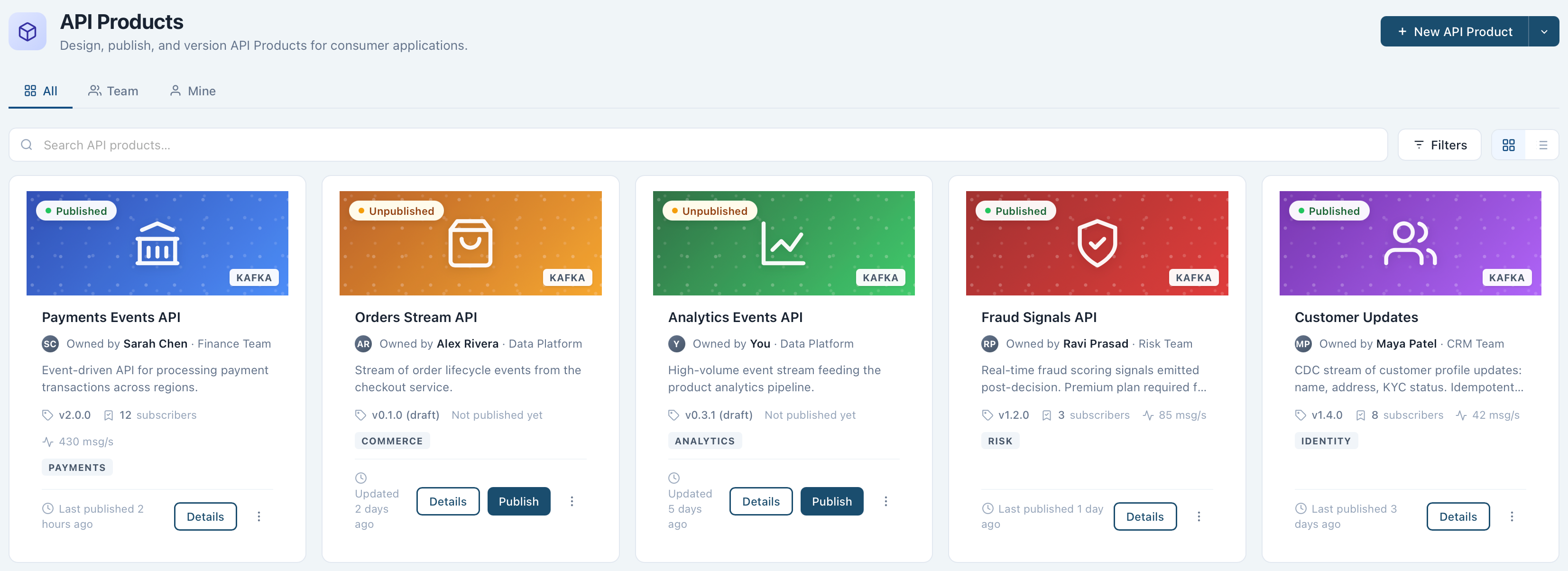 API Products list showing publish status, category, protocol, and subscriber count