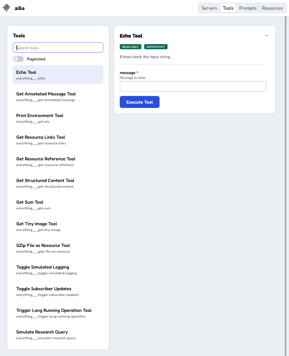 tools/list with no token, showing only the everything toolkit