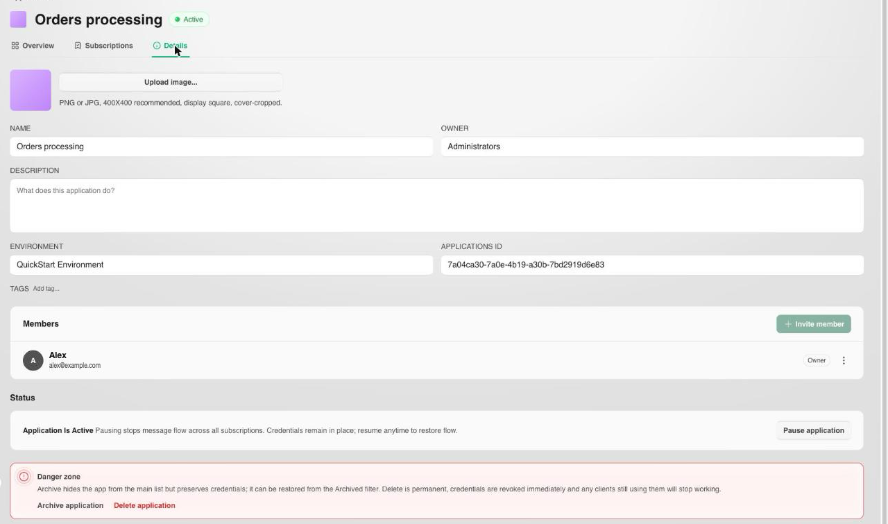 Details tab showing application metadata, Members, status, and the danger zone