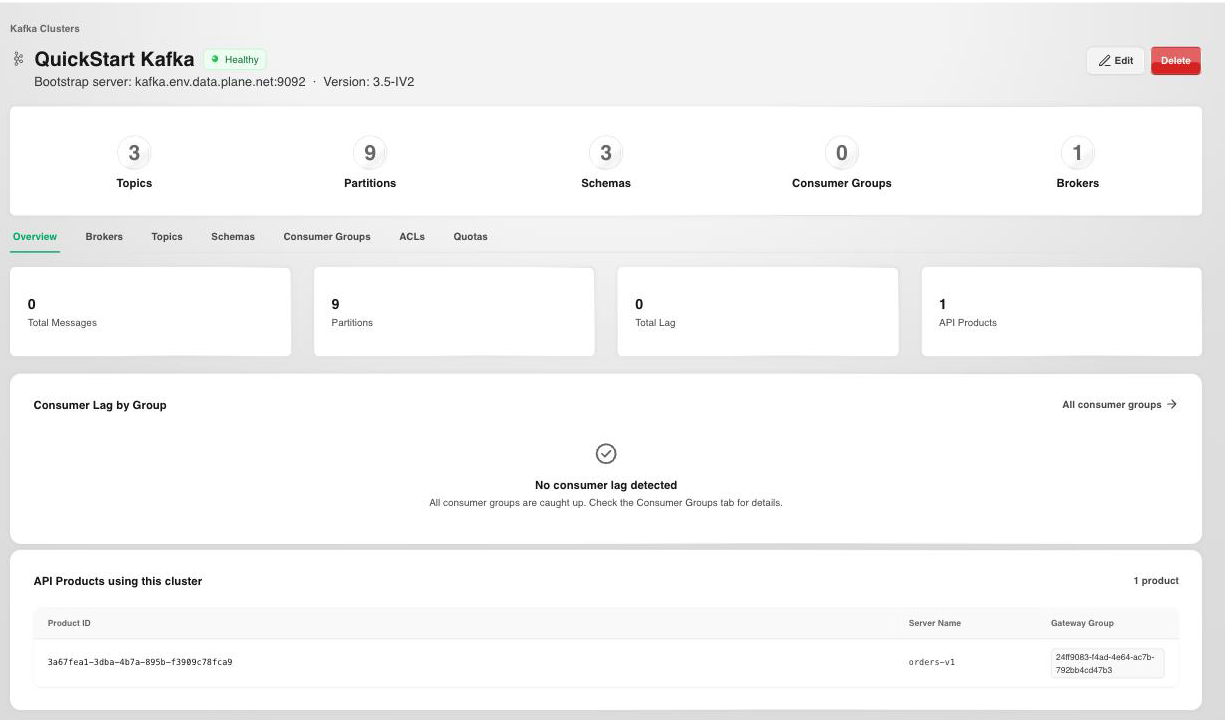 Kafka cluster overview showing topic, partition, schema, and consumer group counts
