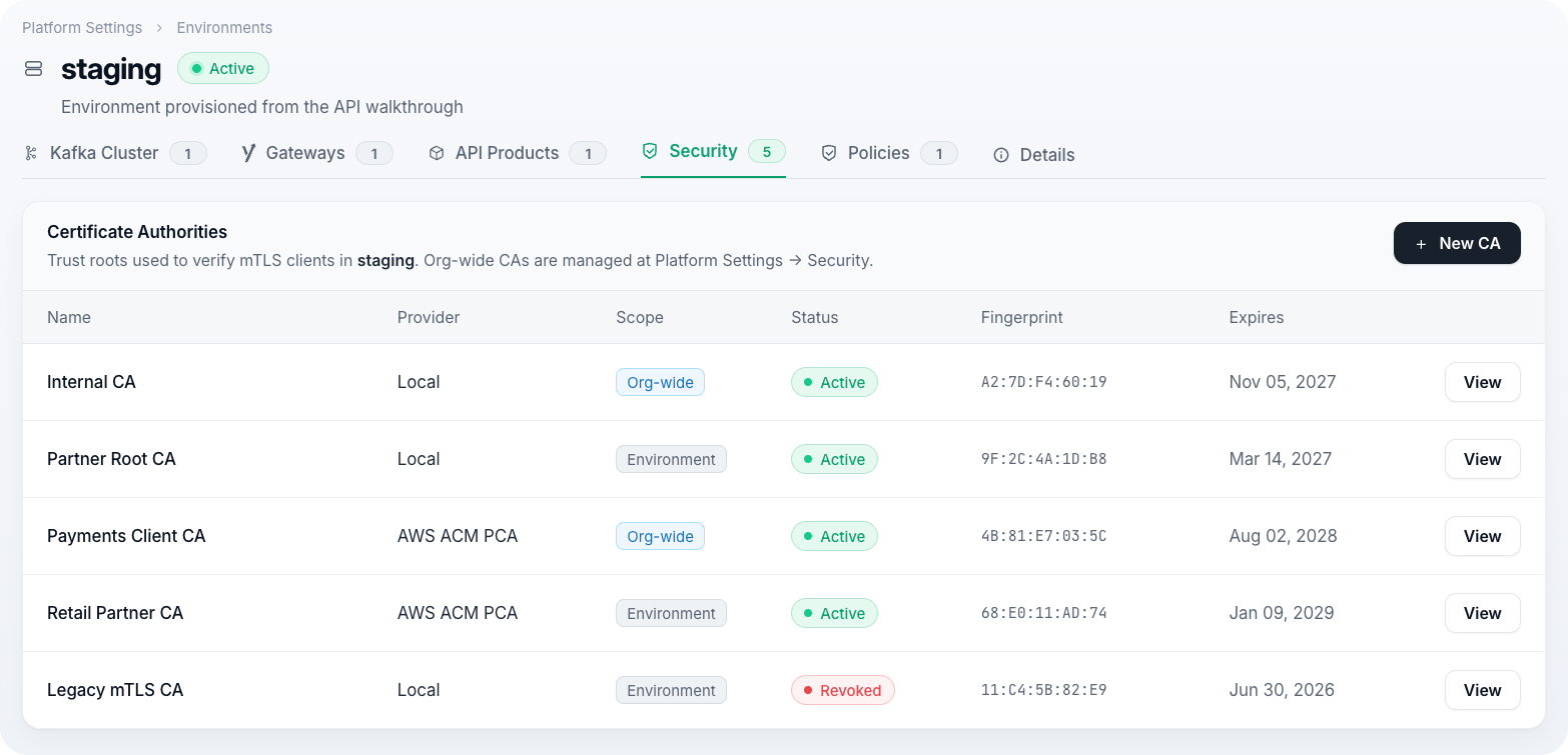 Certificate Authorities list showing name, provider type, and status